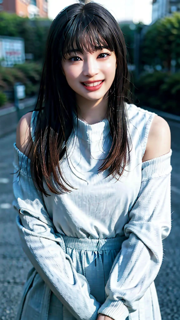 Highest quality,8K,High resolution、Mystical Eyes、Fair skin、Very sexy、goddess、Large Breasts、Blur the background、smile、laughing、Provocative face、alone、Shiny Hair、Super super long hair、I have a protruding belly、Plump、Voluptuous、Indian、Pompadour、Off-the-shoulder sweater、White off-the-shoulder knit、Has bangs、Bangs fall on the forehead、