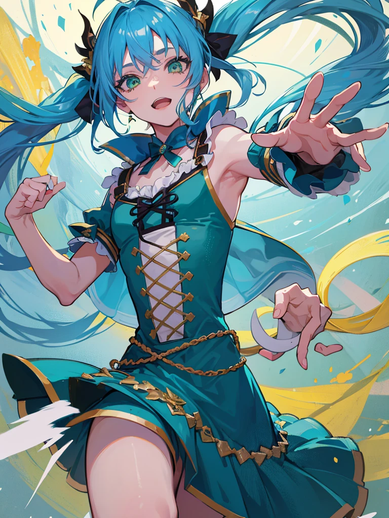 1boy, ((blue hair)), beautiful boy, ((green eyes)), idol costume, dress, ((twintail))