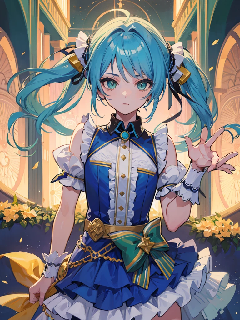 1boy, ((blue hair)), beautiful boy, ((green eyes)), idol costume, dress, ((twintail))