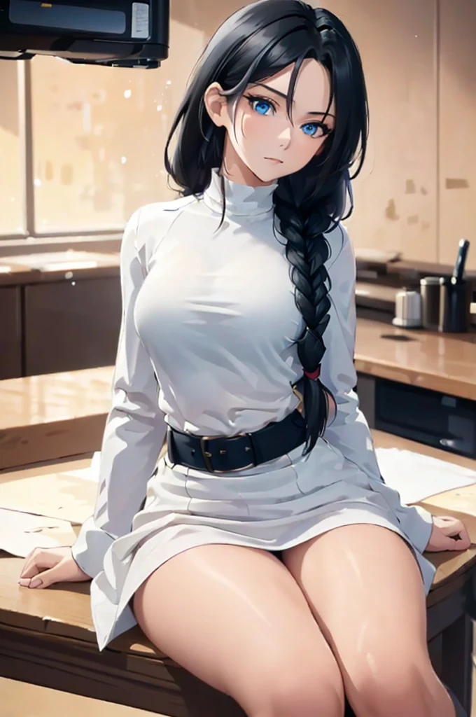 ((masterpiece)), (bestquality), ((ultra-detailed)), depth of field, (dynamic angle),detailed lighting, (beautiful detailed blue eyes), 1woman, ((voluminous long black hair styled into one single long braid down to her waist)), tomboy, ((sitting in a lab, wearing a White lab coat)), perfect Body, medium bust, 