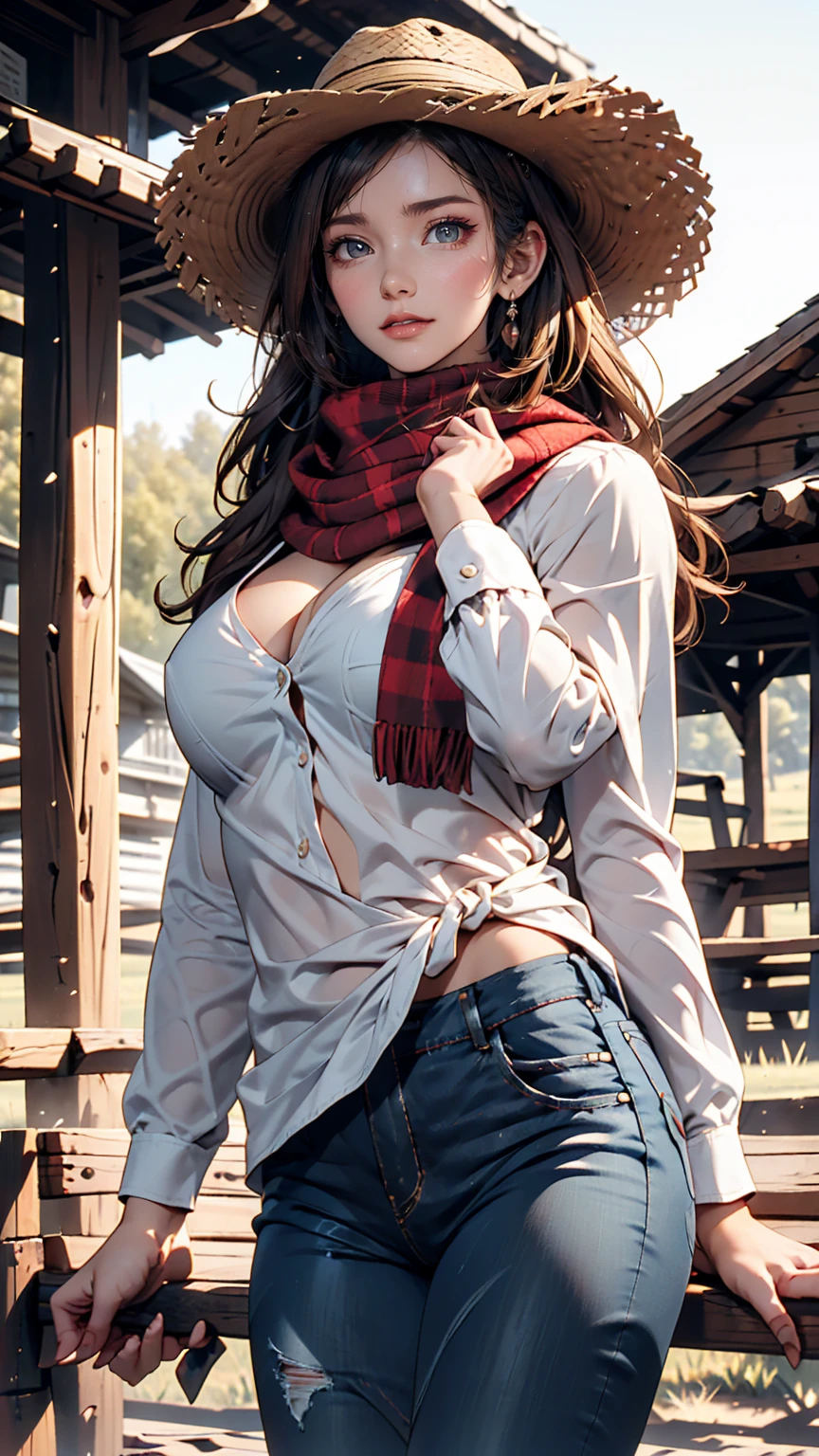 24 year old Caucasian female、Sexy proportions、Narrow waist、slender、Cowgirl、Wrap a red scarf around your neck、wear skinny jeans、Wear a checked long-sleeved shirt、On a ranch in the Midwest、Dairy Cow Background、Wearing a cowboy hat、Exploring the ranch on your beloved horse