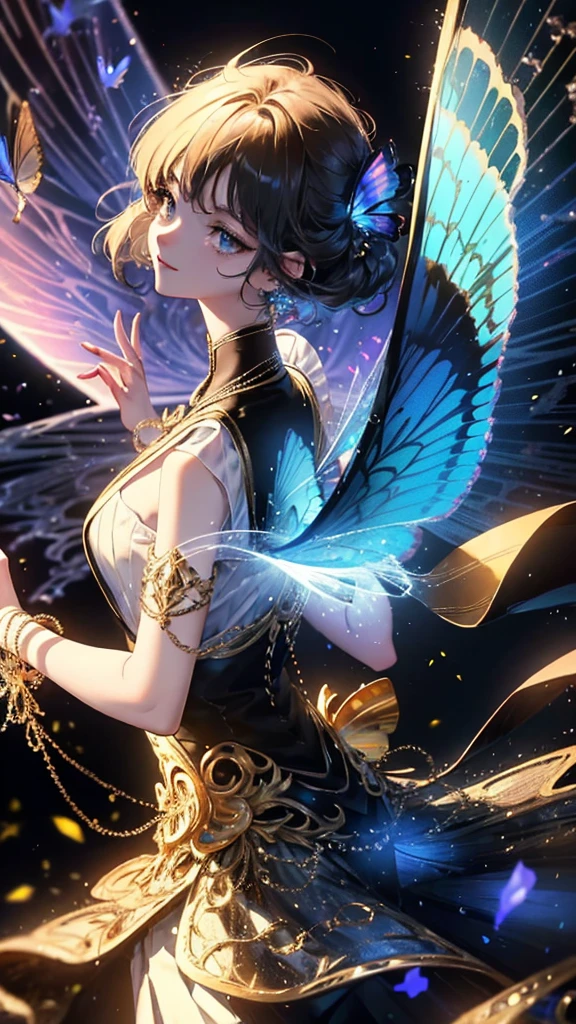 (((Masterpiece))), (((Best quality))), ((Ultra-detailed)),(Highly detailed CG illustration), ((An extremely delicate and beautiful)),Cinematic light, Create stunning fantasy artwork,fairy fantasy,the Flower Fairy,Transparent butterfly wings,Fairy stick,Lots of flowers,Lots of colouring butterflies, A skirt blown by the wind,Fluttering strands of hair,Side Body,ventania:1.3,dyna,brightly colored,Exudes an aura of mystery and magic. Pay close attention to intricate facial features, For example, mesmerizing eyes,smile,brightly,perfect body feature, The character's clothes should be designed to be as light as the wings of a cicada, Subtle iridescent details. Blend in with fantastic colors, Dynamic lighting, and detailed background elements,Consider the latest trends in fantasy art, such as incorporating unique lighting effects, Explore dynamic and engaging composition techniques, And try a unique color palette. Take inspiration from top artists on ArtStation and Midjourney. camera: Choose an angle that highlights the beauty of your character,Enhance the magical majesty of the artwork. lighting: Use atmospheric lighting technology to create depth and atmosphere. Resolution: Aim for high-resolution artwork,to showcase intricate detail and clarity. Artistic inspiration: Get inspiration from popular artists on ArtStation, Explore different styles