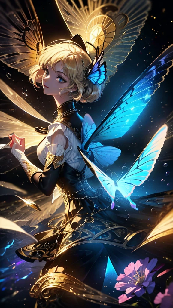 (((Masterpiece))), (((Best quality))), ((Ultra-detailed)),(Highly detailed CG illustration), ((An extremely delicate and beautiful)),Cinematic light, Create stunning fantasy artwork,fairy fantasy,the Flower Fairy,Transparent butterfly wings,Fairy stick,Lots of flowers,Lots of colouring butterflies, A skirt blown by the wind,Fluttering strands of hair,Side Body,ventania:1.3,dyna,brightly colored,Exudes an aura of mystery and magic. Pay close attention to intricate facial features, For example, mesmerizing eyes,smile,brightly,perfect body feature, The character's clothes should be designed to be as light as the wings of a cicada, Subtle iridescent details. Blend in with fantastic colors, Dynamic lighting, and detailed background elements,Consider the latest trends in fantasy art, such as incorporating unique lighting effects, Explore dynamic and engaging composition techniques, And try a unique color palette. Take inspiration from top artists on ArtStation and Midjourney. camera: Choose an angle that highlights the beauty of your character,Enhance the magical majesty of the artwork. lighting: Use atmospheric lighting technology to create depth and atmosphere. Resolution: Aim for high-resolution artwork,to showcase intricate detail and clarity. Artistic inspiration: Get inspiration from popular artists on ArtStation, Explore different styles