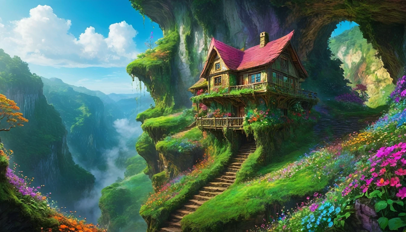 Windswept Valley、Fantasy art of a house carved into a cliff、On the cliff、Many kinds of colorful flowers and moss、Digital art with vines growing　Below me、Dense forest landscape