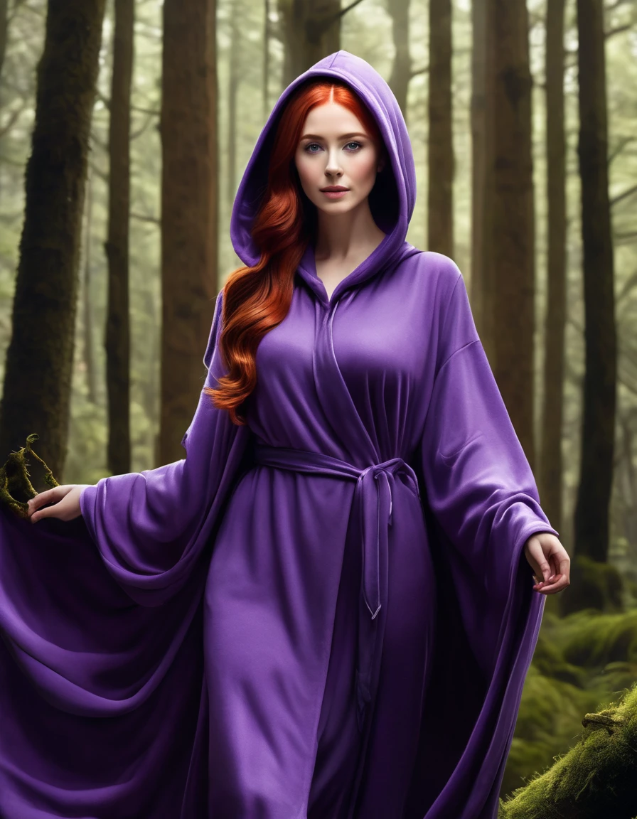 A photorealistic image of a beautiful red-haired woman wearing a hooded purple robe, standing in the forest being visited by woodland creatures, long elegant fingernails, 16K, full body, front view, standing, epic detail, epic resolution, big .