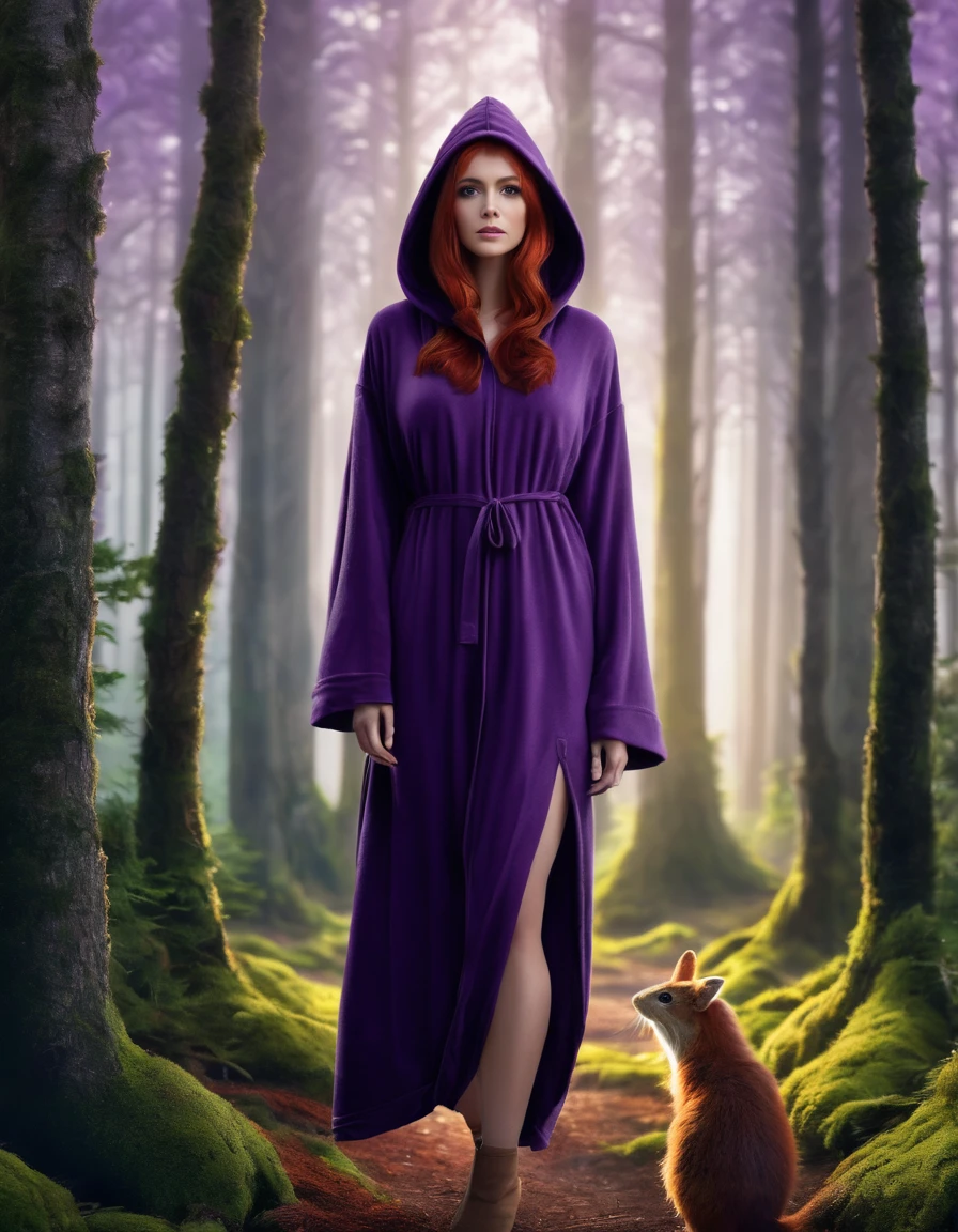 A photorealistic image of a beautiful red-haired woman wearing a hooded purple robe, standing in the forest being visited by woodland creatures, long elegant fingernails, 16K, full body, front view, standing, epic detail, epic resolution, big .