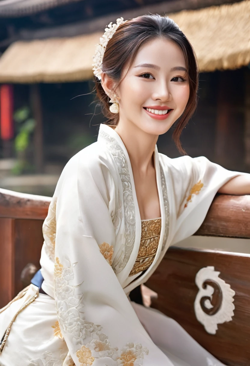 Japanese woman with very long brown hair The face is white, smooth, very beautiful. Wear traditional Thai clothing Drive a car made of beautifully carved wood. There are no roofs on the streets of Bangkok. Sharp, realistic, life-like images,UE5,No wear anything, Naked,Large Breast, Big Bust,Big Cleavage,Big Chest, Bare,Slender Body,White Skin,Very Realistic,Full Body and Smile,Bright Background.