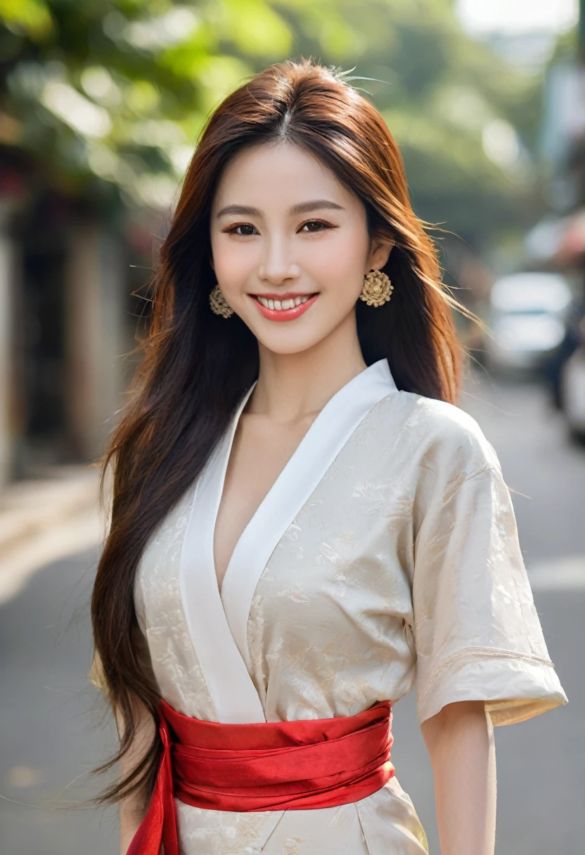 Japanese woman with very long brown hair The face is white, smooth, very beautiful. Wear traditional Thai clothing Drive a car made of beautifully carved wood. There are no roofs on the streets of Bangkok. Sharp, realistic, life-like images,UE5,No wear anything, Naked,Large Breast, Big Bust,Big Cleavage,Big Chest, Bare,Slender Body,White Skin,Very Realistic,Full Body and Smile,Bright Background.