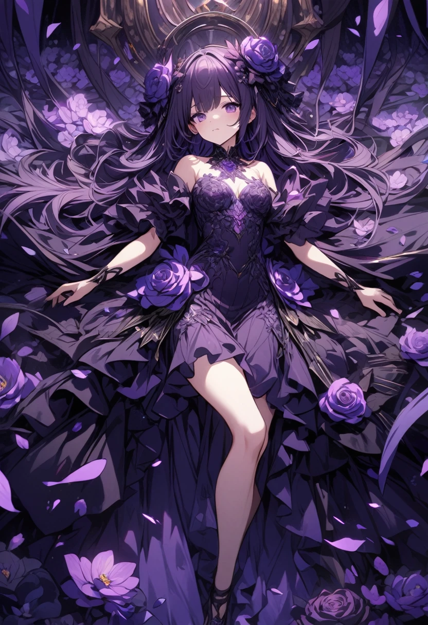 a extremely detailed dark purple dress that looks like flower petals