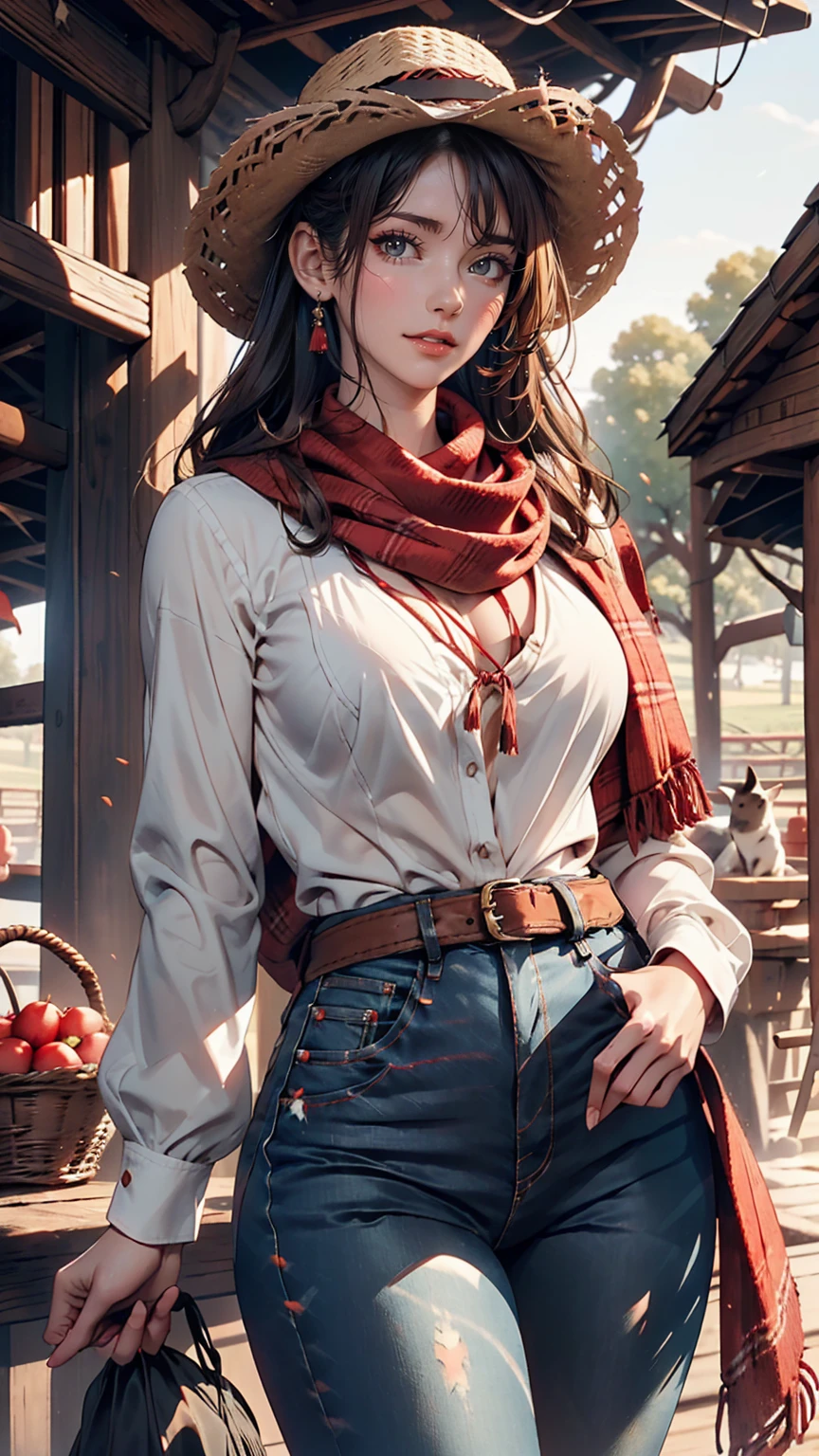 24 year old Caucasian female、Sexy proportions、Narrow waist、slender、Cowgirl、Wrap a red scarf around your neck、wear skinny jeans、Wear a checked long-sleeved shirt、On a ranch in the Midwest、Dairy Cow Background、Wearing a cowboy hat、Exploring the ranch on your beloved horse