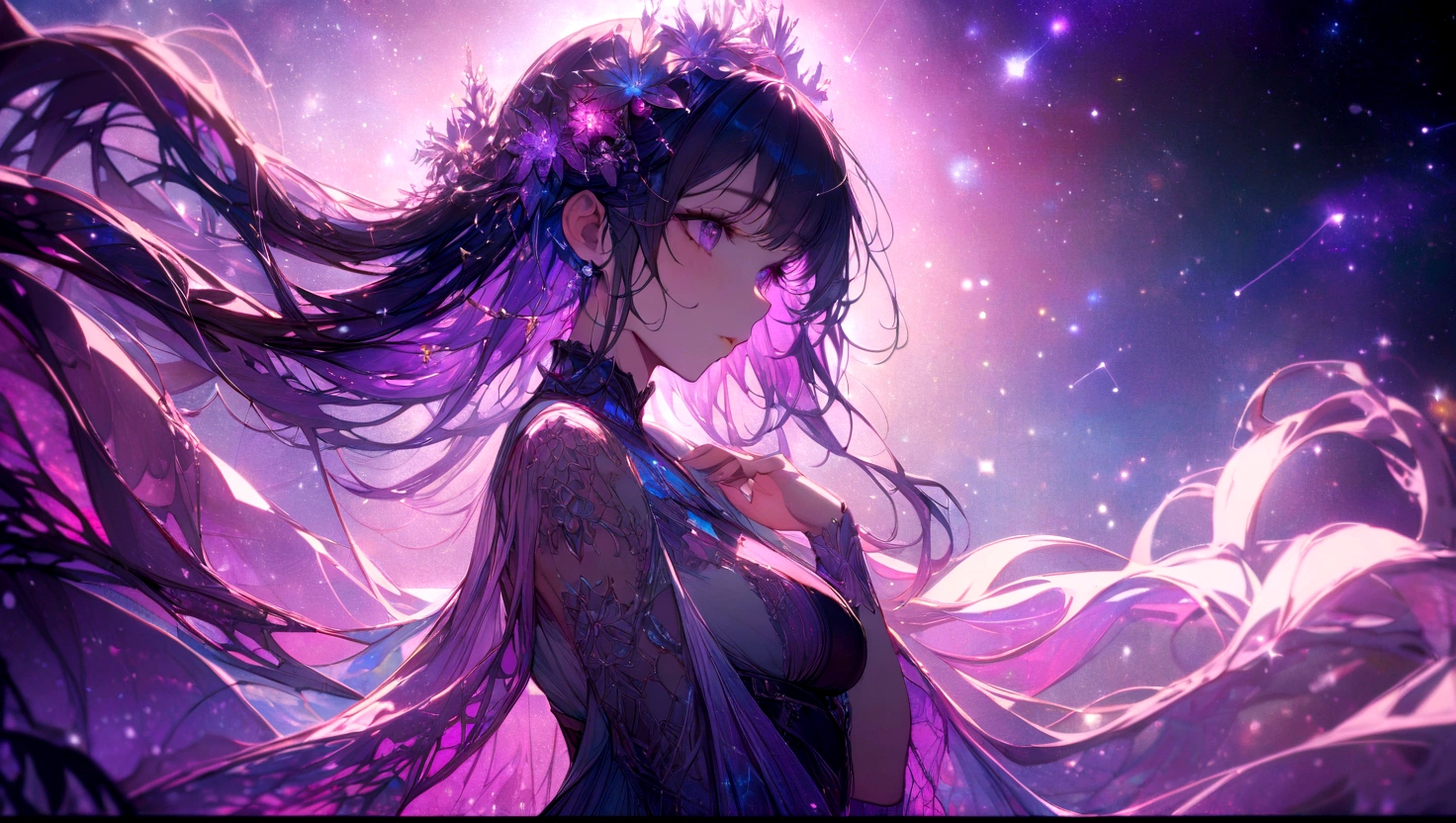 beautiful girl, A captivating cosmic view featuring a constellation shaped like a mystical forest, with intricate patterns in enchanting tones of purples, pinks, and whites. best quality, masterpiece, ultra-detailed, 8k, depth of field, cinematic composition, Light Celestial radiance, with the vibrant hues