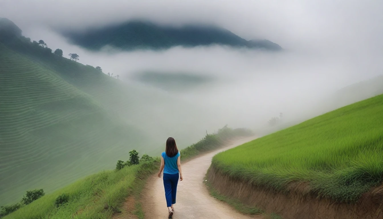Beautiful Korean Woman, Chest size 34 inches, short and slim. Wearing high-end luxury brand sleeveless and high-quality casual pants., Foggy scenery of Sapa, Vietnam, I can see the trail, Short and medium hair blowing in the wind, Taken from a distance with a wide angle lens, Realistic living landscape, Front photo facing the camera, best picture quality, Short medium hair blowing in the wind, smile brightly, A thick fog obscures the front, I walk down a very narrow mountain path., Slightly medium hair blowing in the wind, , hair blowing in the wind, Look at the front camera, The mountain road is very narrow. It is a very small mountain road., Front photo of people walking from afar