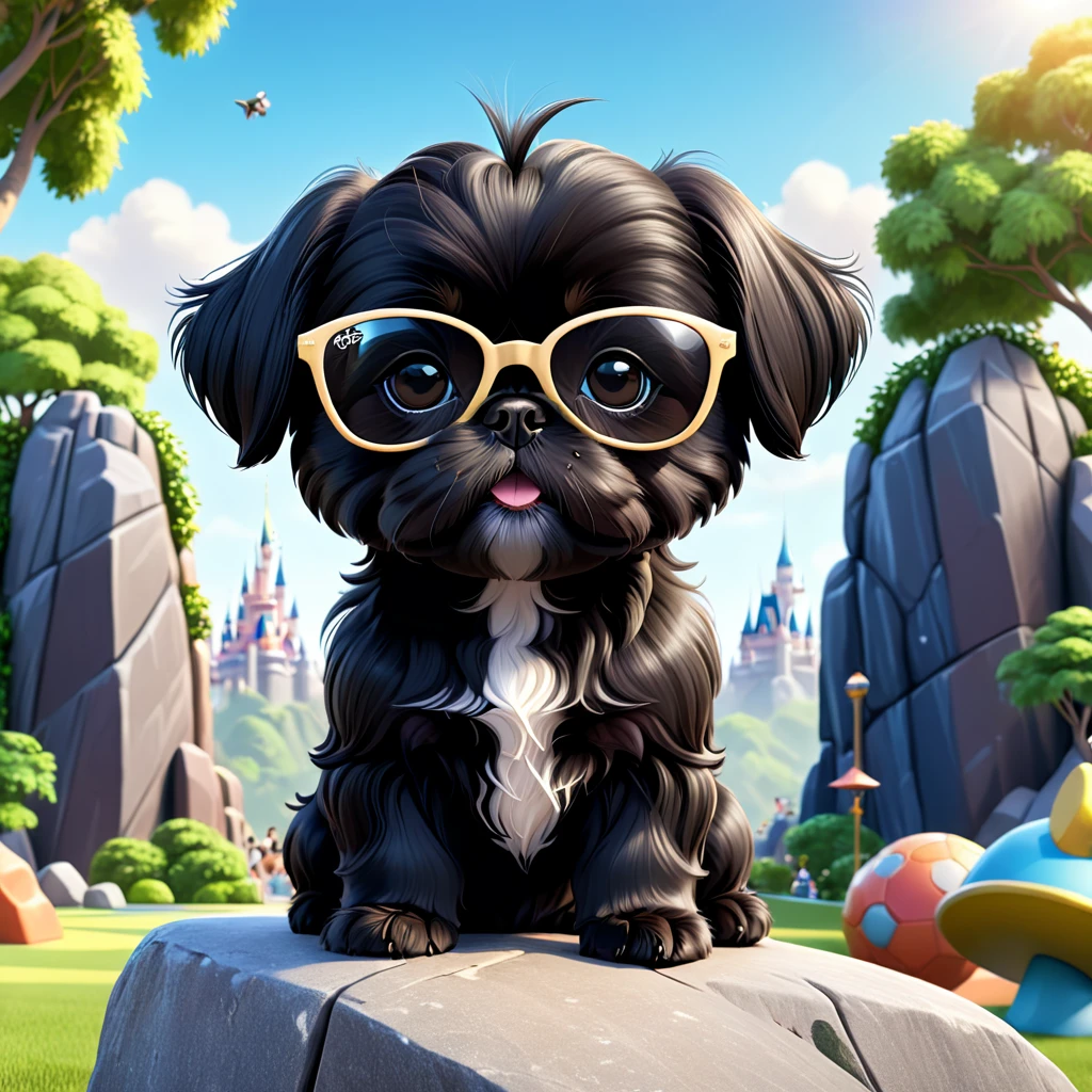 2 Adorable small black Shih Tzu puppies wearing sunglasses rock climbing at dog park Disney background 3d cartoon 3d render disney pixar style