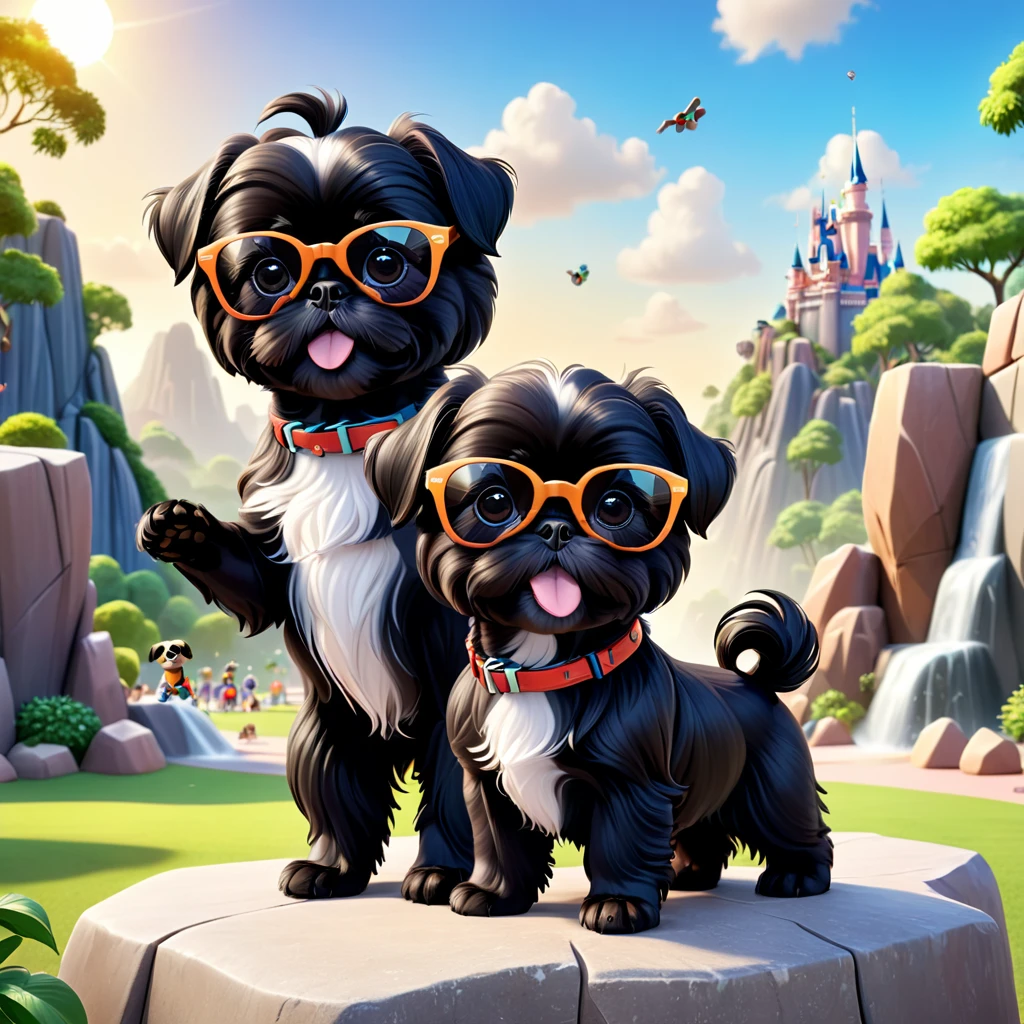 2 Adorable small black Shih Tzu puppies wearing sunglasses rock climbing at dog park Disney background 3d cartoon 3d render disney pixar style