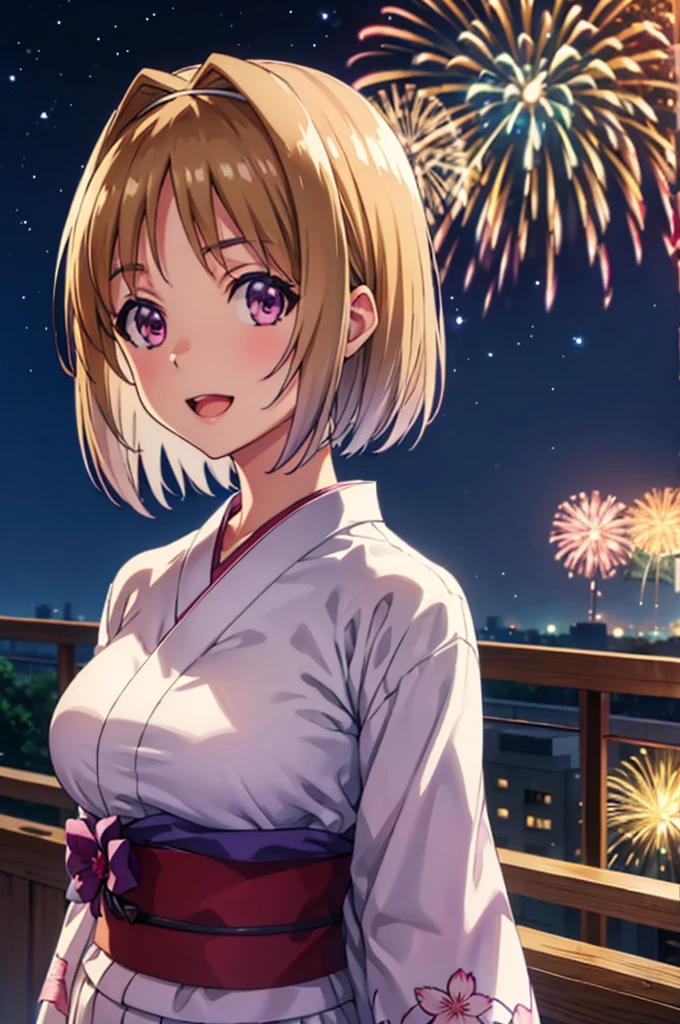 (masterpiece:1.3), (best quality:1.1), (8k, ultra detailed, ultra high res:1.2), ((anime style)), (perfect 5 fingers, perfect anatomy:1.1), 
1girl,
Kushida Kikyou, smile, open mouth, 
BREAK short hair, bronze hair, purple eyes,
BREAK large breasts, looking at viewer, (cowboy shot:1.1), BREAK detail background, outdoor, outside, (floral pattern yukata:1.2), (late night:1.1), sky, (fireworks in night sky:1.1), (night sky:1.1), big fireworks, 