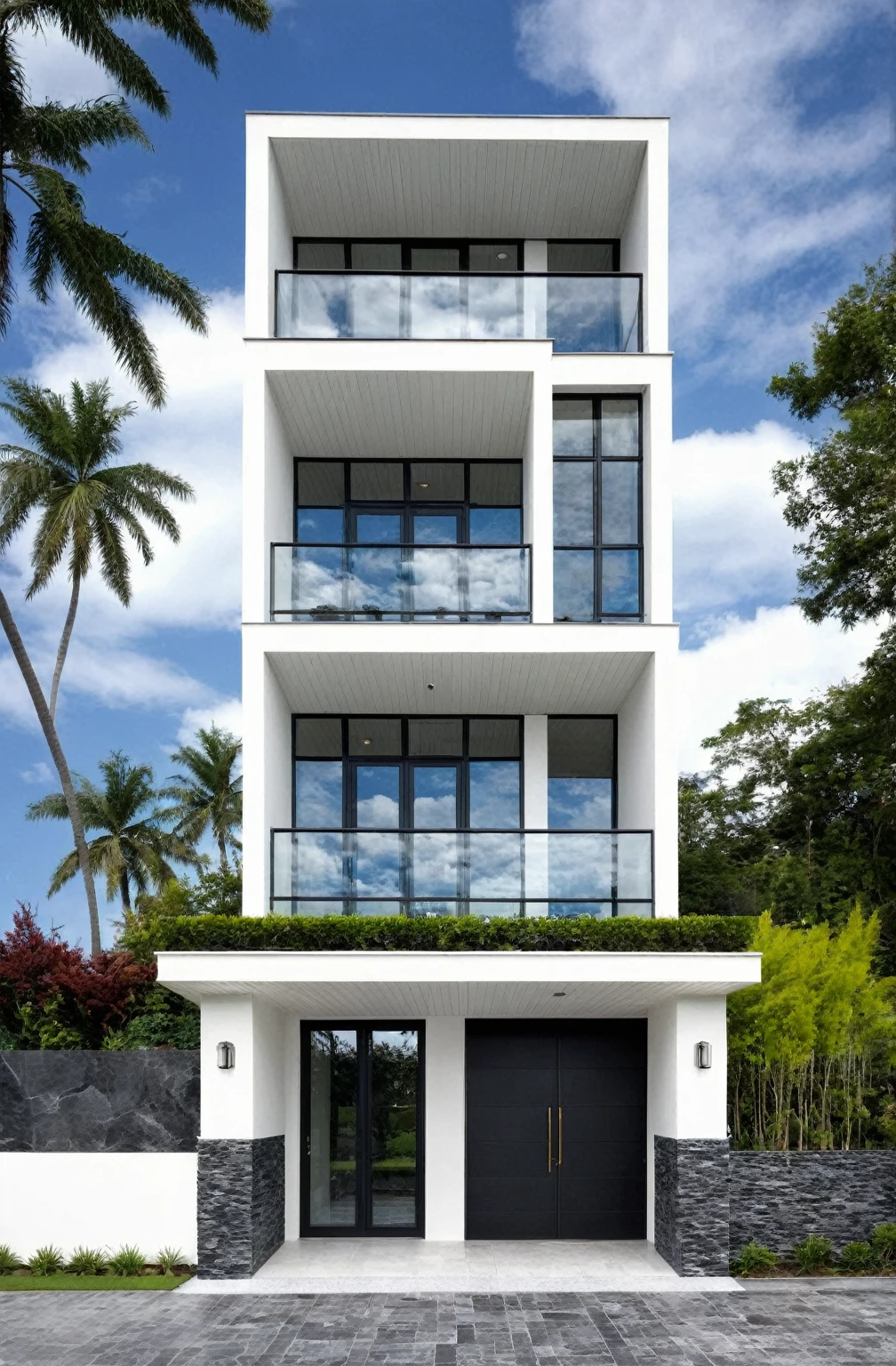 house exterior, modern style, white wall, dark granite wall, white ceiling, glass door, glass window, (actual: 1.2), Masterpiece, high quality, best quality, authentic , super detailed, outdoor, road, sidewalk, grass, trees, sky, clouds , (daylight:1.1)