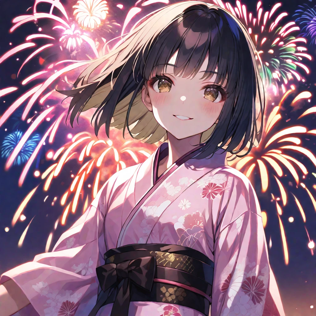solo, handsome,
1. Female,
Hime cut,Straight Hair,short Hair,
black hair,
Nakano Yotsuba,
brown Eyes,Soft look,beautiful,beautiful,Sexy,Darkness,ta,
smile,skin,
pink yukata (a Japanese yukata),
firework background,
