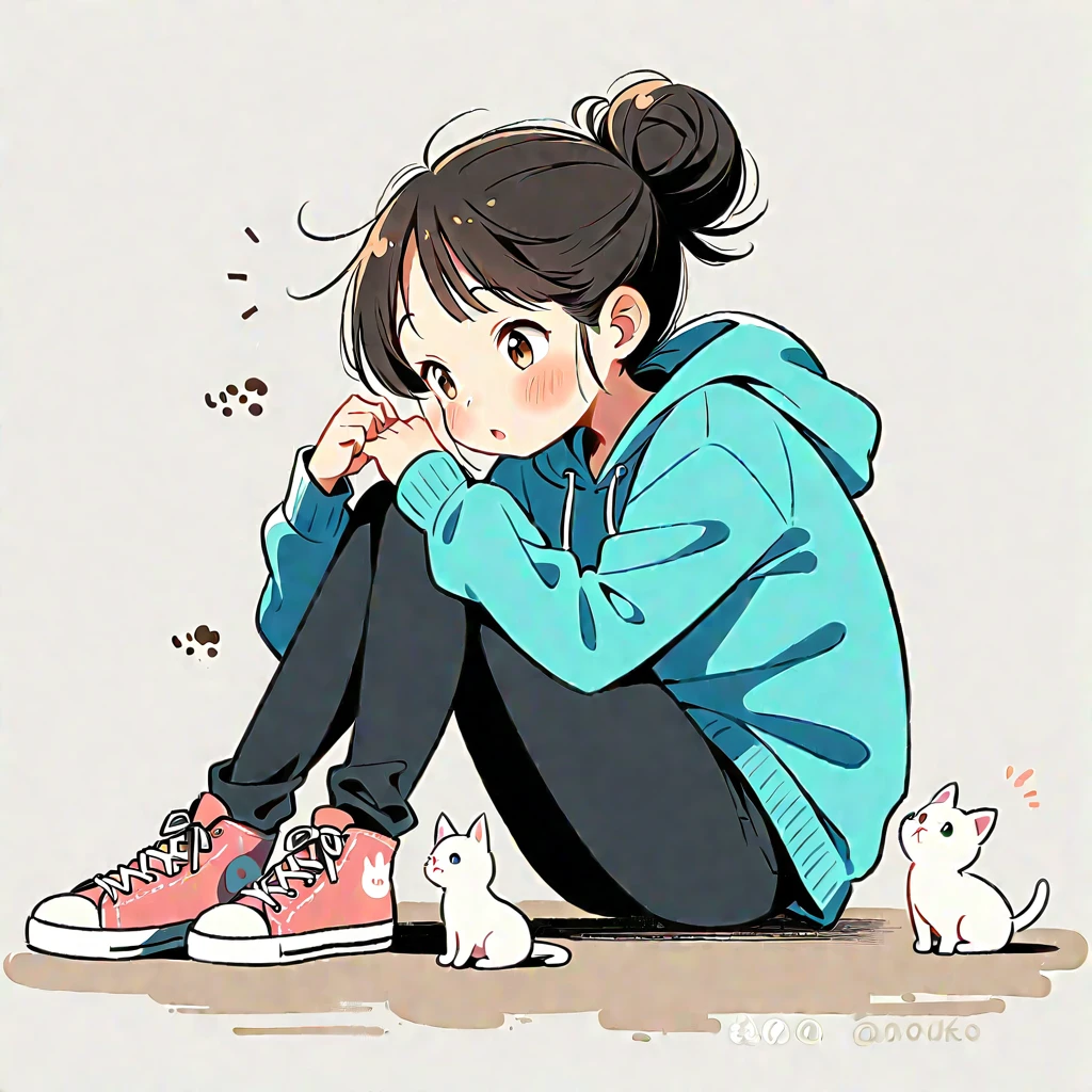 A girl, blushing, with black hair, long sleeves, brown eyes, shoes, pants, a hoodie, hair bun, from the side, hoodie, silhouette, animal, black pants, sitting on the ground, single hair bun, two kittens, one chubby gray and white kitten, and one black kitten, hoodie down, sneakers, pink footwear, blue hoodie, and looking at the kittens.