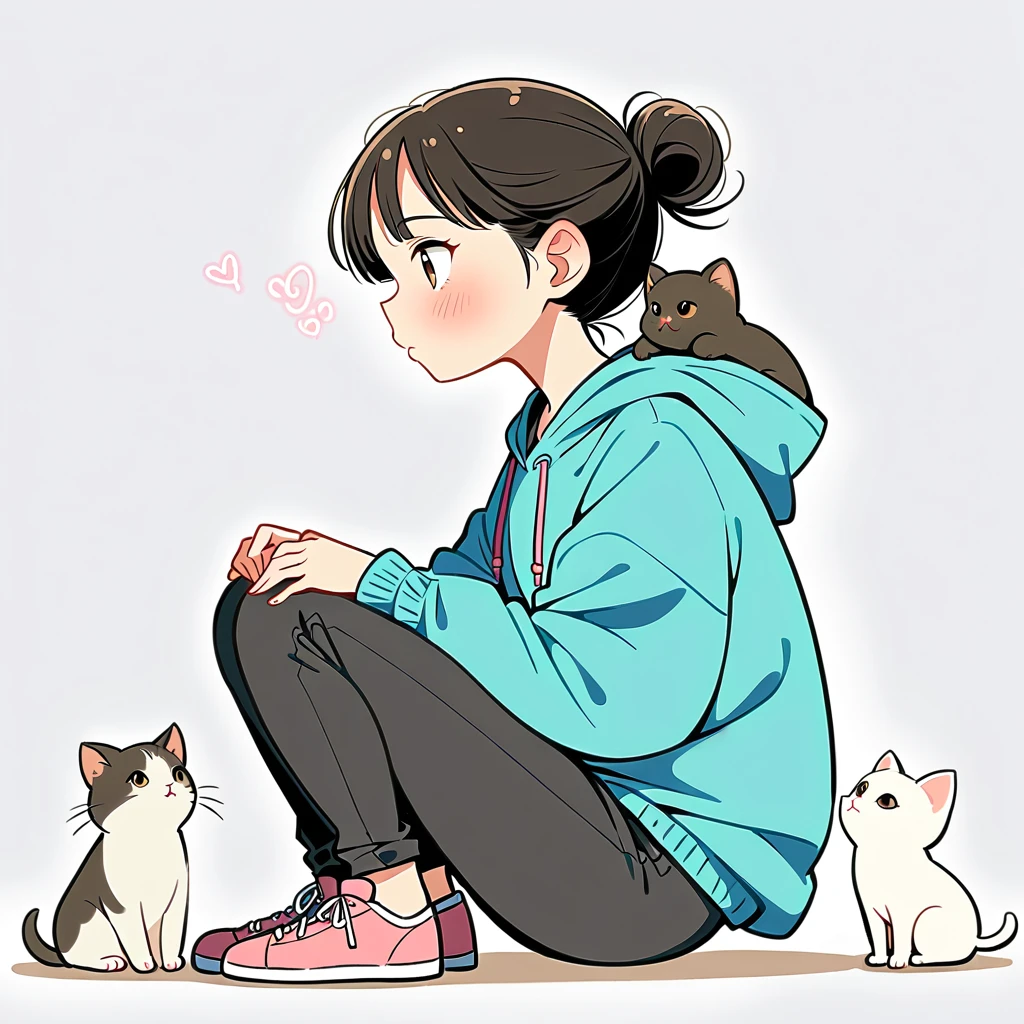 A girl, blushing, with black hair, long sleeves, brown eyes, shoes, pants, a hoodie, hair bun, from the side, hoodie, silhouette, animal, black pants, sitting on the ground, single hair bun, two kittens, one chubby gray and white kitten, and one black kitten, hoodie down, sneakers, pink footwear, blue hoodie, and looking at the kittens.