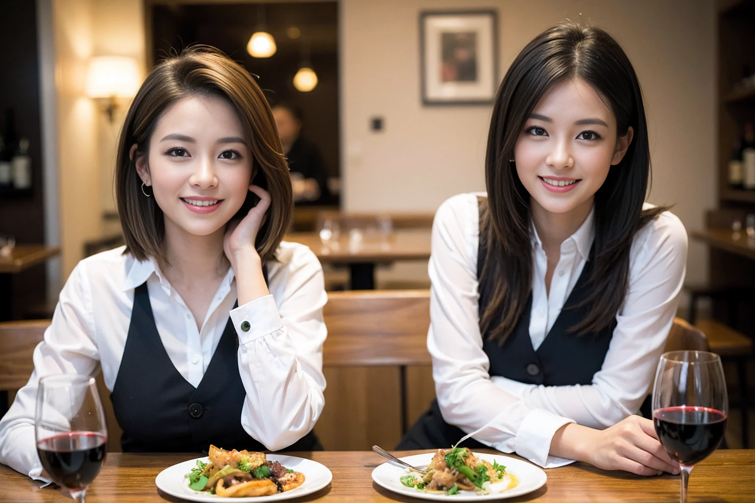 ((Highest quality、8K、masterpiece:1.3))、slimカップル、modelカップル、(Realistic, Intricate details:1.2), full-course dinner、Wine Party、Amazing view of the sunset sky and clouds、A bright smile、The wonderfulness of smile、Bright image、short hair,Bright Face、 (Age 37), Age 34, red wine 、Appetizers、Italian food、Wine bottle、Champagne、sparkling wine、Two beauties、Brown Hair、Shortcuts、Long sleeve shirt、dress、Beautiful woman 1, (slimな顔), (The body is slim), (Brown Hair), (Shortcuts), cheeks turn a little red,Attractive beauty、restaurant, In a prominent place (From the waist up) Nova Frog Style, actress, model, Upper Body, White wine, slim, wine glass, 中央に置かれたwine glass, smile, (smile: 1.15), Beautiful fine grain, Depth f/2,saturation, High Contrast, Strong light and shadow,Moist Body:1.5、3D texture、Delicate eyes、Brown Hair、The hair is very shiny、