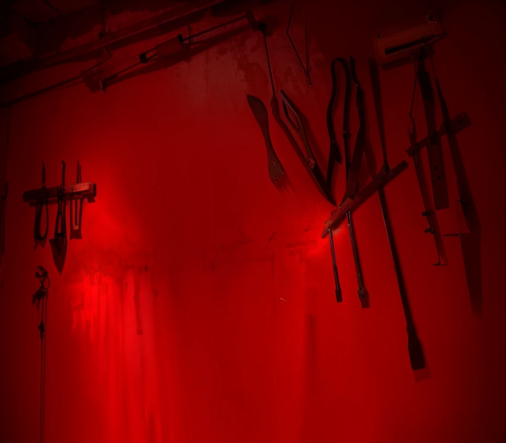 indoors,Old walls,{{red theme}},{dim},dungeon,SM tools hanging on the wall