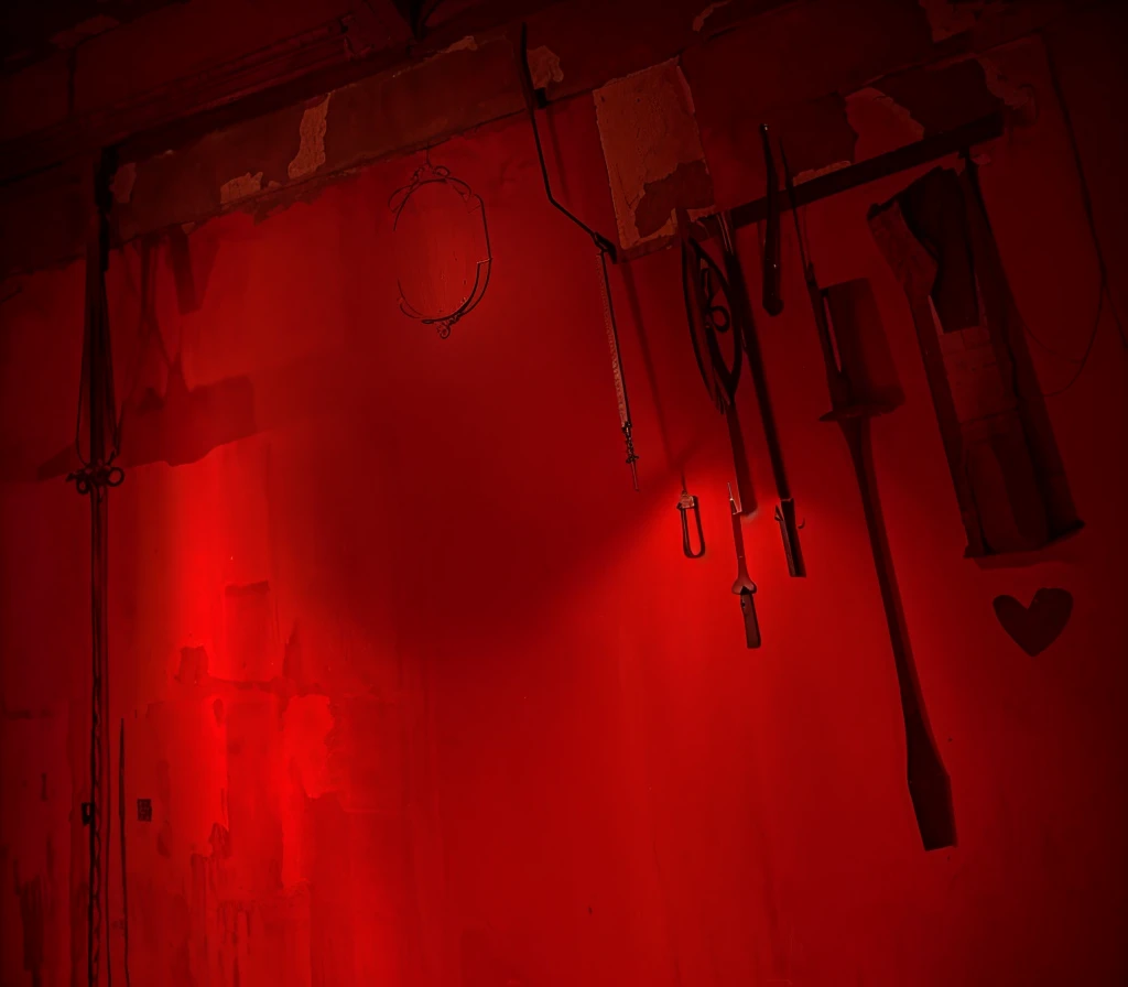 indoors,Old walls,{{red theme}},{dim},dungeon,SM tools hanging on the wall