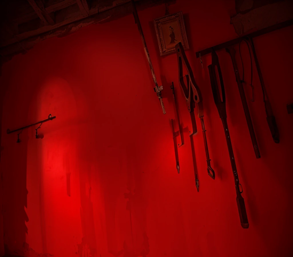 indoors,Old walls,{{red theme}},{dim},dungeon,SM tools hanging on the wall