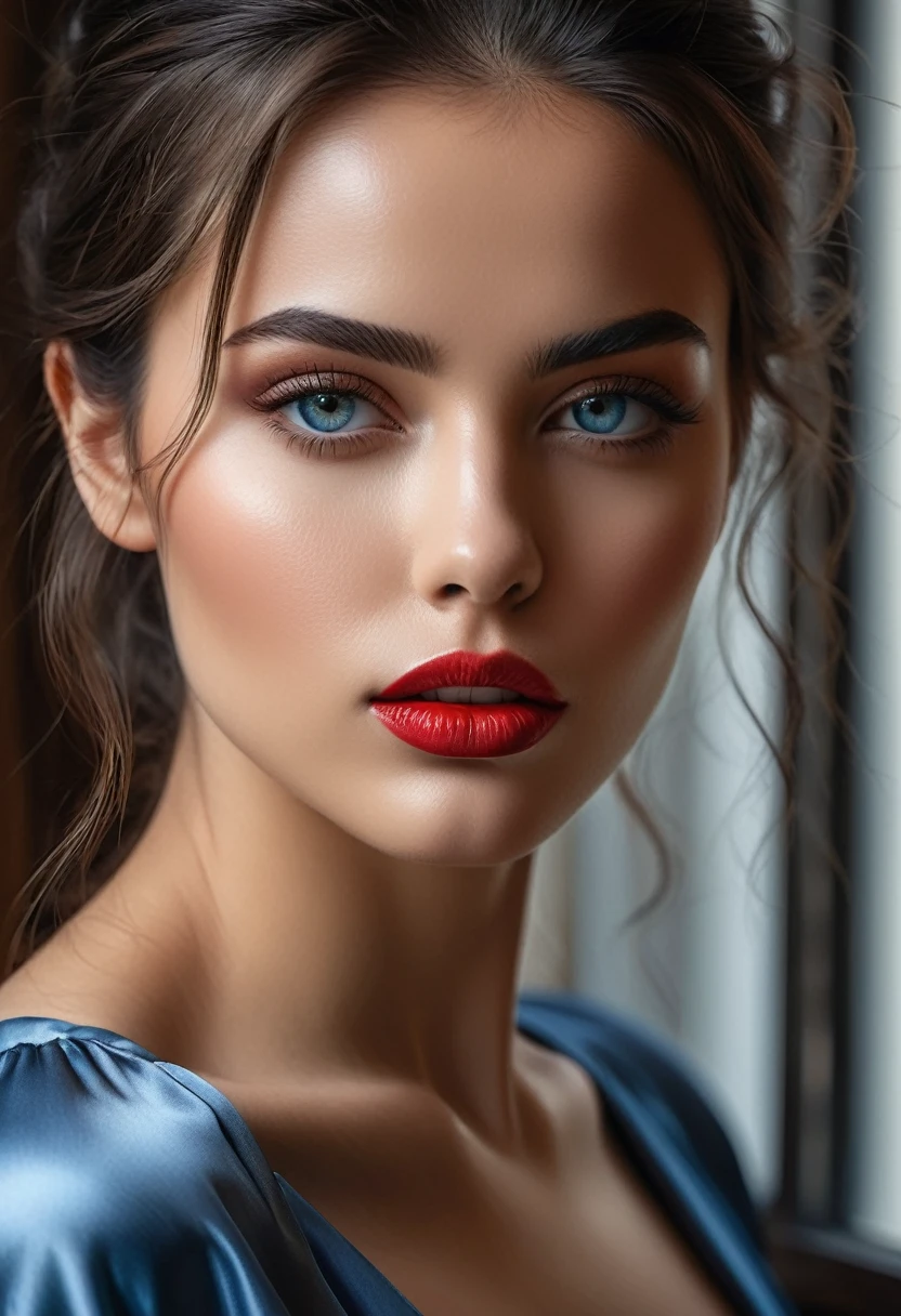 (back view )(Melhor qualidade, 4K, 8k, high resolution, obra de arte: 1.2), (super detalhado, realista, Fotorrealista:1.37)Uma jovem cativante, vestindo um conjunto impressionante de vermelho e azul, stands in front of a window with an air of toughness and determination. Her enchanting eyes are exquisitely detailed, capturando cada brilho e profundidade, while her lips boast a meticulous beauty that is both captivating and seductive. The level of detail extends to the entire face, every contour and feature meticulously rendered to perfection, creating a sense of hyperrealism that draws the viewer in.
O traje da , reminiscent of the art of oil painting, it's a work of art in itself. The factory, habilmente trabalhado para se assemelhar a pinceladas vibrantes, adds a touch of dynamism to your overall look. It is a true reflection of the artist's talent, mostrando uma maestria