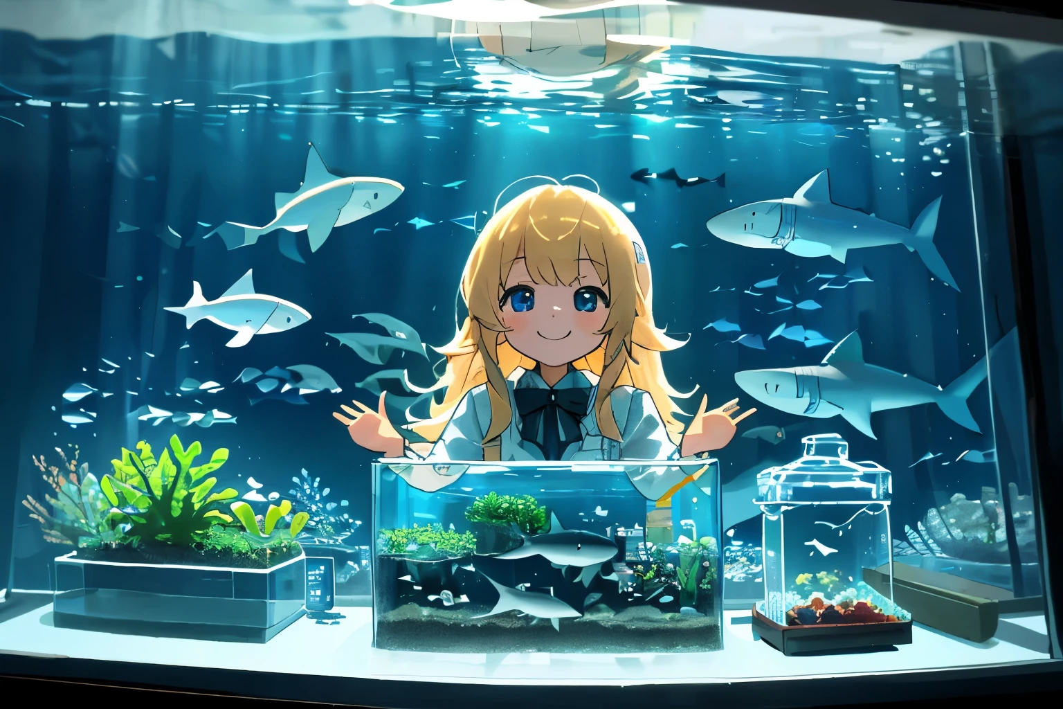 Small sharks are swimming in the fish tank, (Small sharks:1.5), Terrarium, 1 cute girl is looking at the shark happily, Small sharks are swimming in front of her, Shot through the fish tank, blonde long hair, blue eyes, happy smile, (masterpiece, best quality, super detailed, beautiful details eyes, Clean and delicate face), cinematic lighting