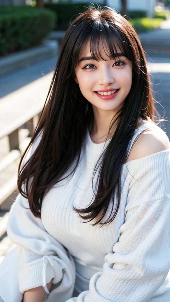 Highest quality,8K,High resolution、Mystical Eyes、Fair skin、Very sexy、goddess、Large Breasts、Blur the background、smile、laughing、Provocative face、alone、Shiny Hair、Super super long hair、I have a protruding belly、Plump、Voluptuous、Indian、Pompadour、Off-the-shoulder sweater、White off-the-shoulder knit、Has bangs、Bangs fall on the forehead、
