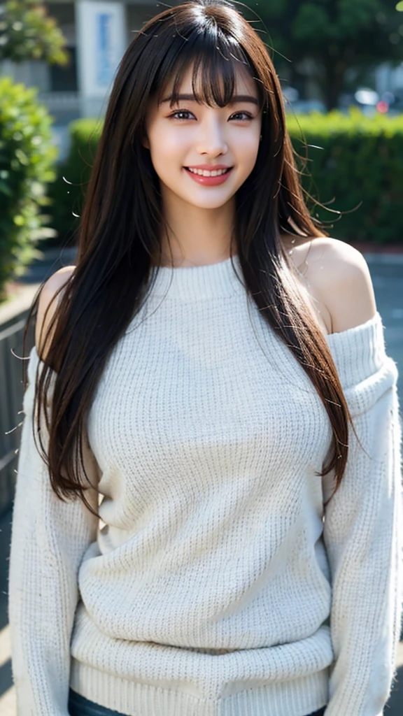 Highest quality,8K,High resolution、Mystical Eyes、Fair skin、Very y、goddess、Large Breur the background、smile、laughing、Provocative face、alone、Shiny Hair、Super super long hair、I have a protruding belly、Plump、Voluptuous、Indian、Pompadour、Off-the-shoulder sweater、White off-the-shoulder knit、Has bangs、Bangs fall on the forehead、