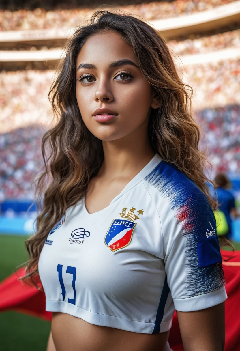 8k, clear grey eyes, beautiful mixed girl, Long slightly wavy hair, extremely detailed full curvy body, beautiful chest,football, Euro Championship, sexy France jersey, stadium, vibrant colors, natural lighting, (best quality,4k,,highres, masterpiece:1.2),ultra-detailed,(realistic,photorealistic,photo-realistic:1.37),portrait,landscape