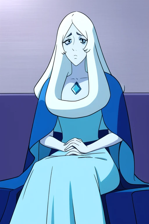 (8k) (high res) (best quality) (masterpiece) blue_diamond, white hair,long hair, blue skin,colored skin,  blue eyes, gem, blue dress, long skirt, blue cloak, cape, sitting, laying down 