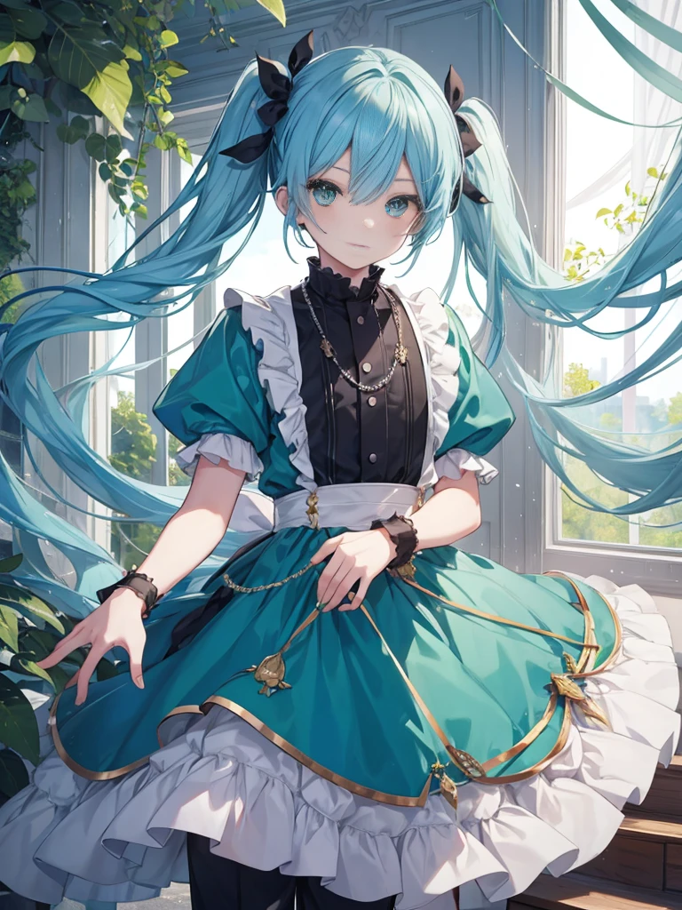 1boy, ((blue hair)), beautiful boy, ((green eyes)), idol costume, dress, ((twintail))