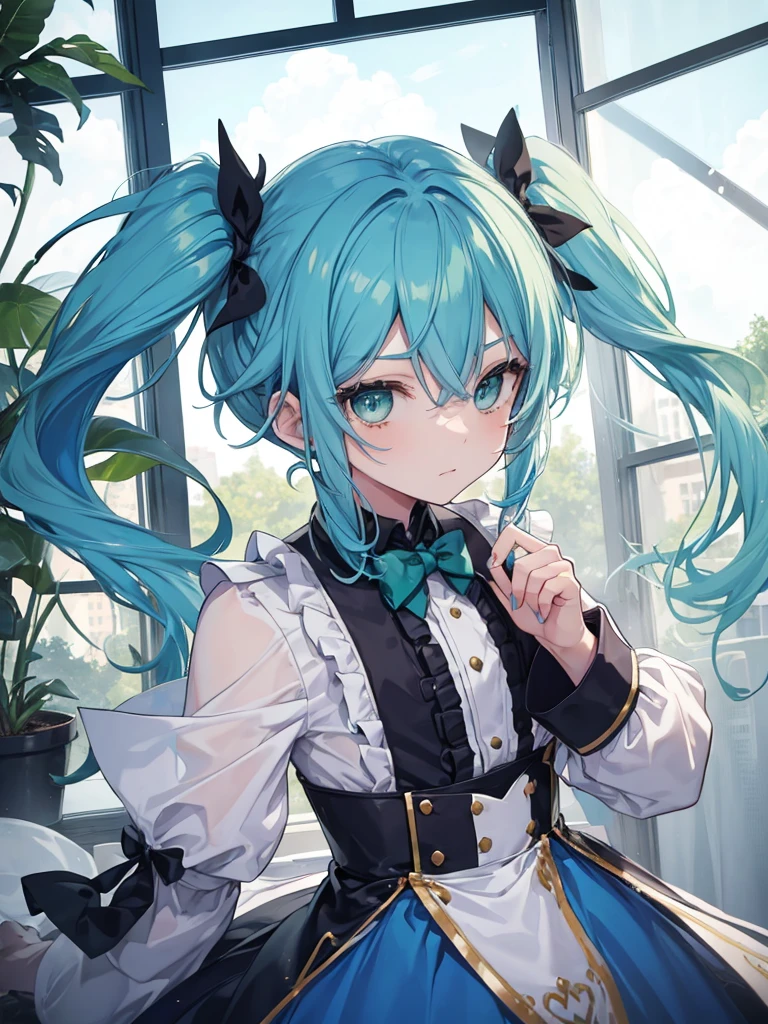 1boy, ((blue hair)), beautiful boy, ((green eyes)), idol costume, dress, ((twintail))