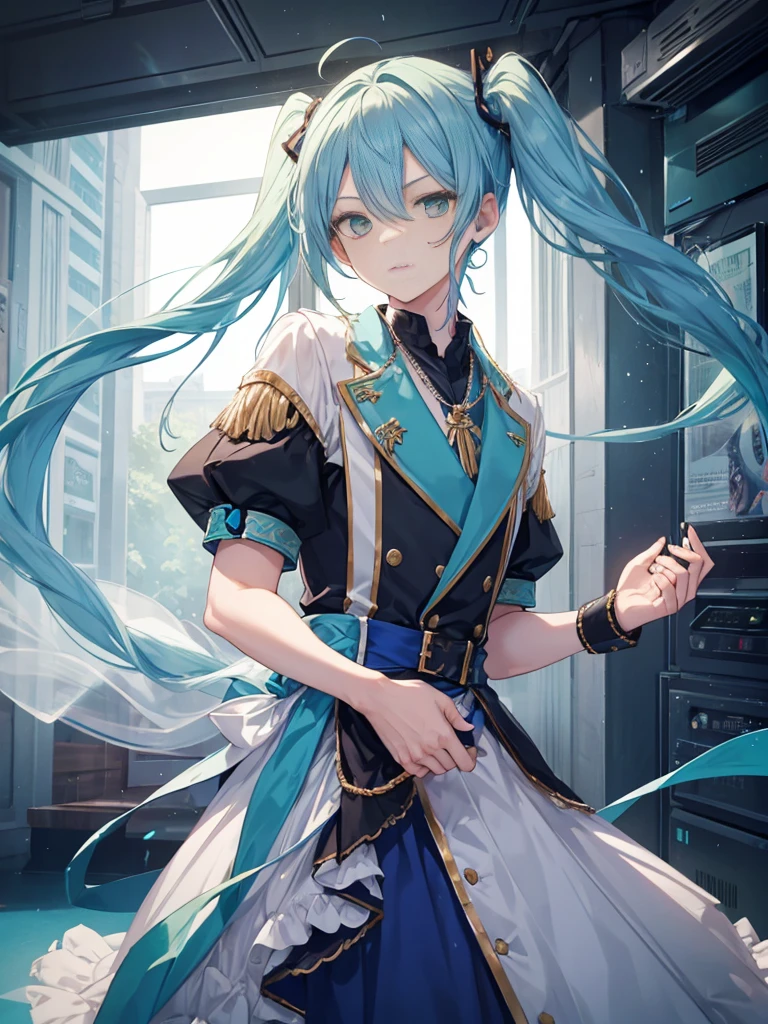 1boy, ((blue hair)), beautiful boy, ((green eyes)), idol costume, dress, ((twintail))