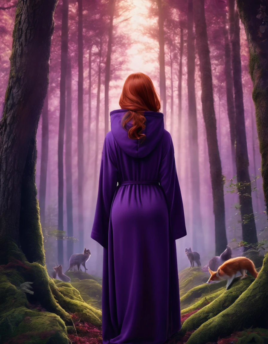 A photorealistic image of a beautiful red-haired woman wearing a hooded purple robe, standing in the forest being visited by woodland creatures, long elegant fingernails, 16K, full body, front view, standing, epic detail, epic resolution, big .