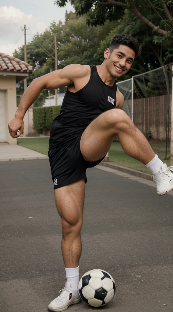 handsome guy, athletic build, Peruvian nationality, in move, smiling, one leg bent, kicks a soccer ball, looks at the ball, full length, semi-sideways, wearing black shorts and a white tank top, Excellent quality, Photo, excellent dentalization, high quality