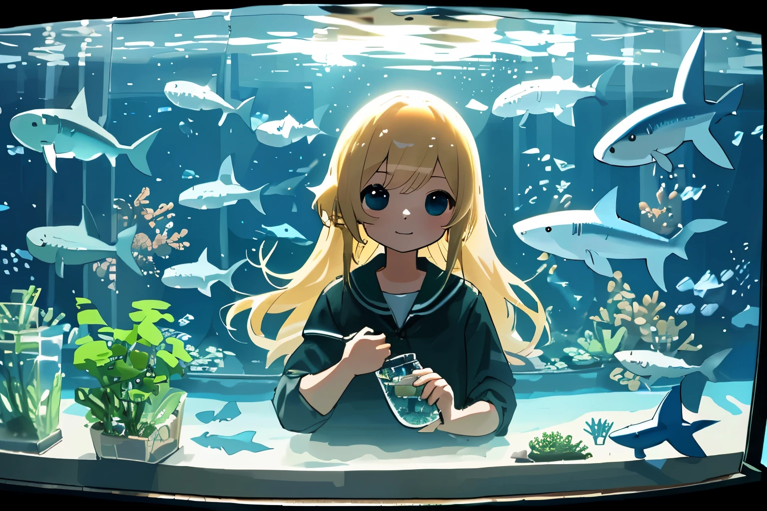 Small sharks are swimming in the fish tank, (Small sharks:1.5), Terrarium, 1 cute girl is looking at the shark happily, Small sharks are swimming in front of her, Shot through the fish tank, blonde long hair, happy, (masterpiece, best quality, super detailed, beautiful details eyes, Clean and delicate face), cinematic lighting