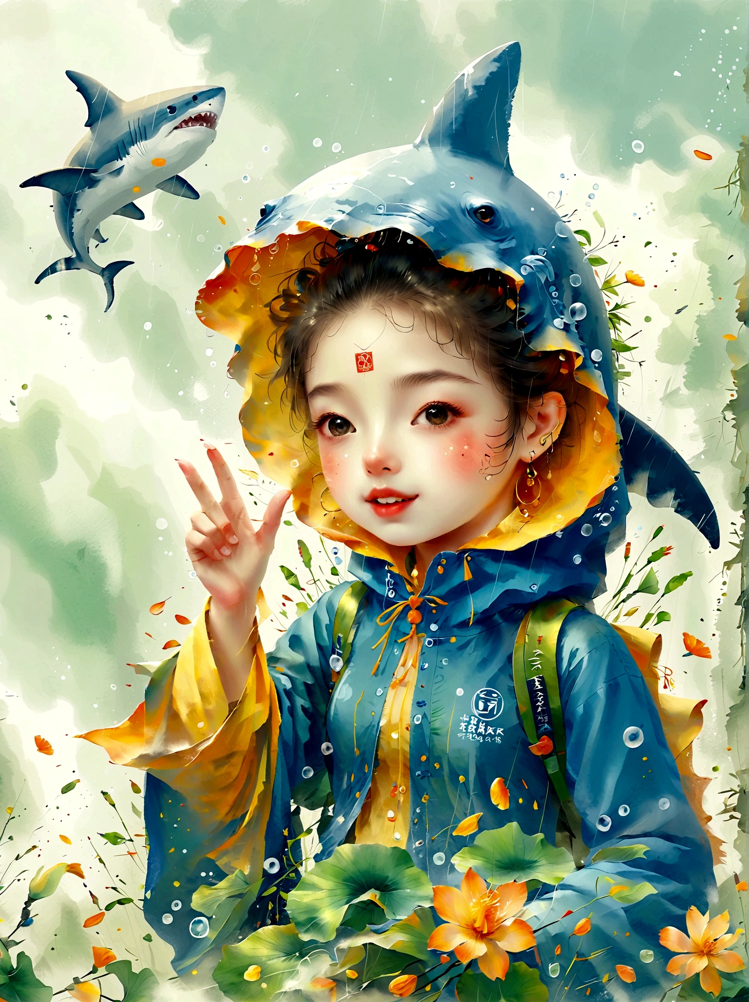 ultra-detailed, absurdres, colorful, gawr gura, detailed eyes, wide-eyed, eyelashes, looking at viewer, (blue background:0.9), (standing:0.7), Shark Girl, blue hoodie, shark tail, sharp teeth, claw pose, hood up, (Smiley Face:1.0), pockets, hands up, clenched teeth, cowboy shot, masterpiece, best quality, UHD, accurate, anatomically correct, 8k, highres