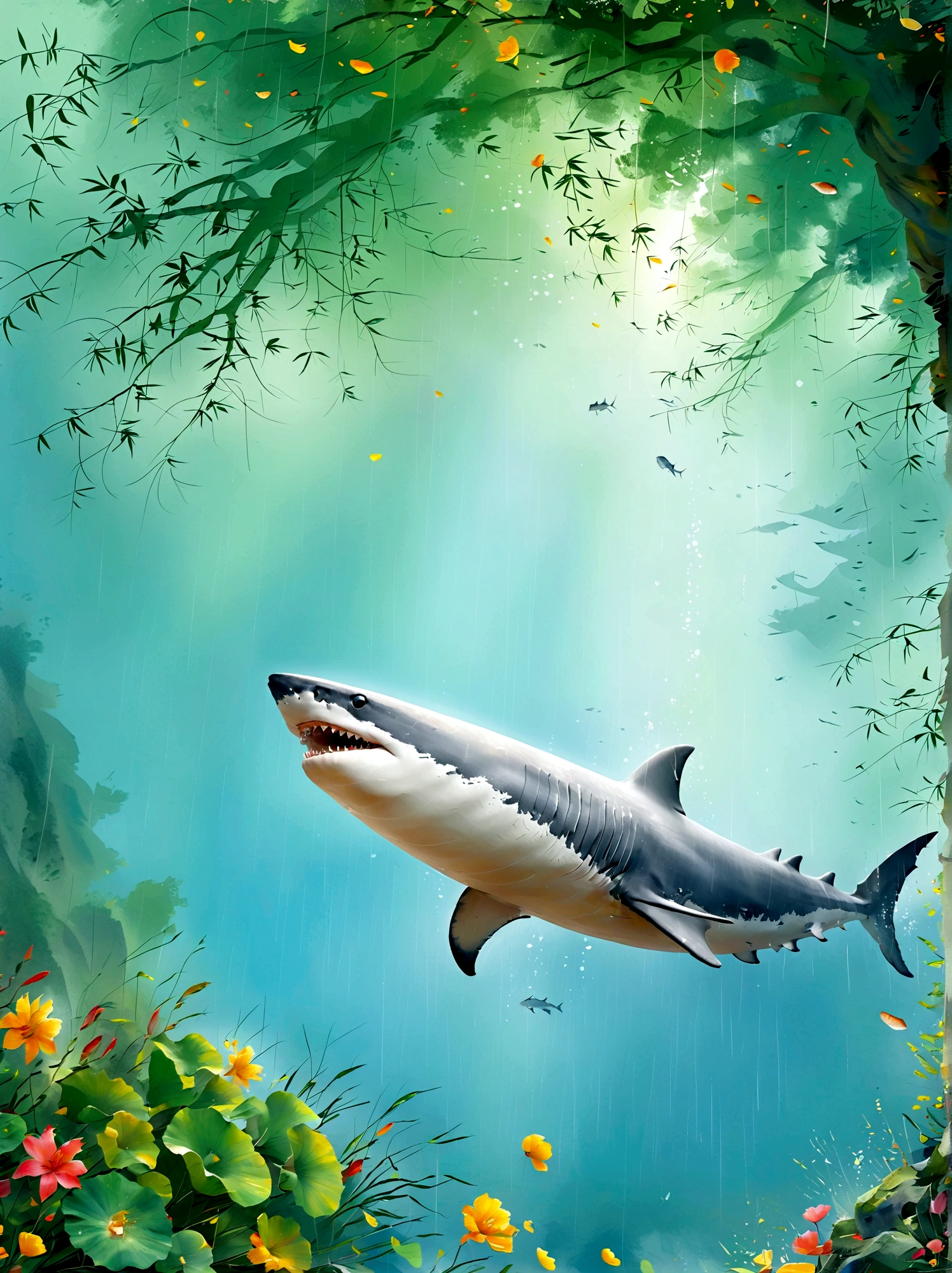 ultra-detailed, absurdres, colorful, gawr gura, detailed eyes, wide-eyed, eyelashes, looking at viewer, (blue background:0.9), (standing:0.7), Shark Girl, blue hoodie, shark tail, sharp teeth, claw pose, hood up, (Smiley Face:1.0), pockets, hands up, clenched teeth, cowboy shot, masterpiece, best quality, UHD, accurate, anatomically correct, 8k, highres