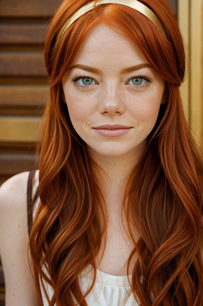 Portrait of beautiful redhead girl identical to Emma Stone with collected hair and a gold headband