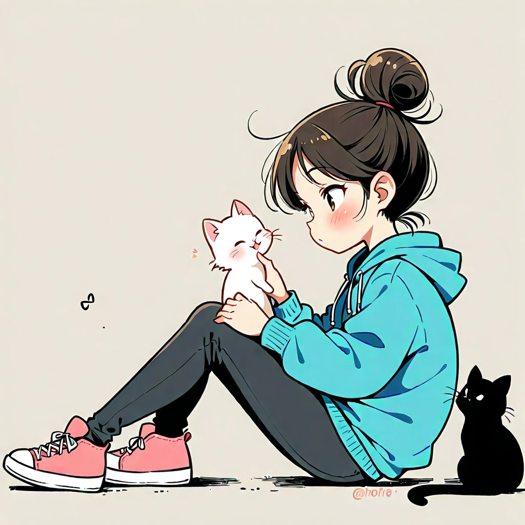 A girl, blushing, with black hair, long sleeves, brown eyes, shoes, pants, a hoodie, hair bun, from the side, hoodie, silhouette, animal, black pants, sitting on the ground, single hair bun, two kittens, one chubby gray and white kitten, and one black kitten, hoodie down, sneakers, pink footwear, blue hoodie, and looking at the kittens.
