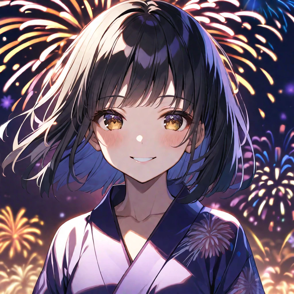 solo, handsome, 
1. Female,
Hime cut,Straight Hair,short Hair, 
black hair, 
Nakano Yotsuba,
brown Eyes,Soft look,beautiful,beautiful,Sexy,Darkness,
smile,skin,
purple yukata (a Japanese yukata),
firework background,