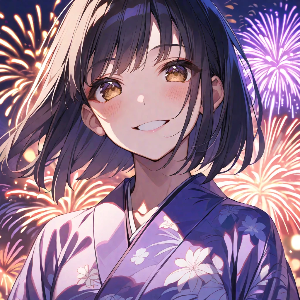 solo, handsome, 
1. Female,
Hime cut,Straight Hair,short Hair, 
black hair, 
Nakano Yotsuba,
brown Eyes,Soft look,beautiful,beautiful,Sexy,Darkness,
smile,skin,
purple yukata (a Japanese yukata),
firework background,