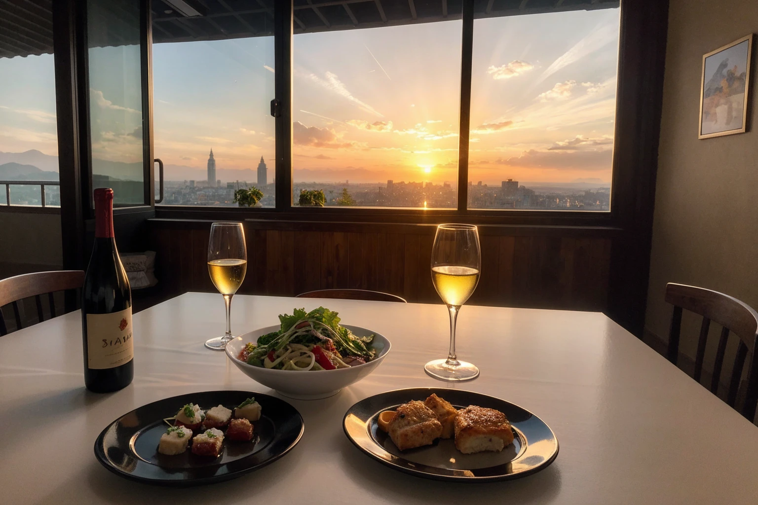 ((Highest quality、8K、masterpiece:1.3))、slimカップル、modelカップル、(Realistic, Intricate details:1.2), full-course dinner、Wine Party、Amazing view of the sunset sky and clouds、A bright smile、Bright image、 (Age 37), 39 years old, red wine 、Appetizers、Italian food、Wine bottle、sparkling wine、Two beauties、Nova Frog Style, actress, model, Upper Body, White wine, slim, wine glass, smile, (smile: 1.15), Beautiful fine grain, Depth f/2,saturation, High Contrast, Strong light and shadow,Moist Body:1.5、3D texture、Delicate eyes、