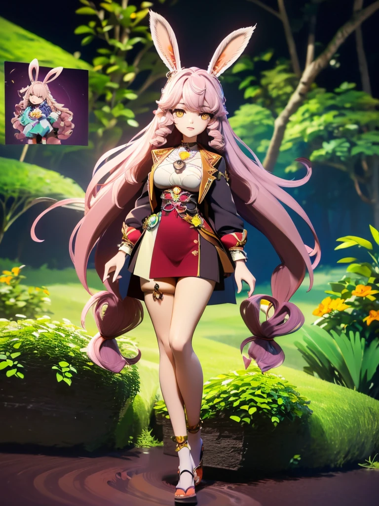 hair divided on half, Seizo Watase style, Simple Line Initialism，Abstract art, 3d character, colorful hearts ,(((The most beautiful girl of all time))),  (full body 1.2), only girl, very long hair, jungle background, , full body, (((8k))), (((3d)), dark brow hair, mane of white rabbit ears