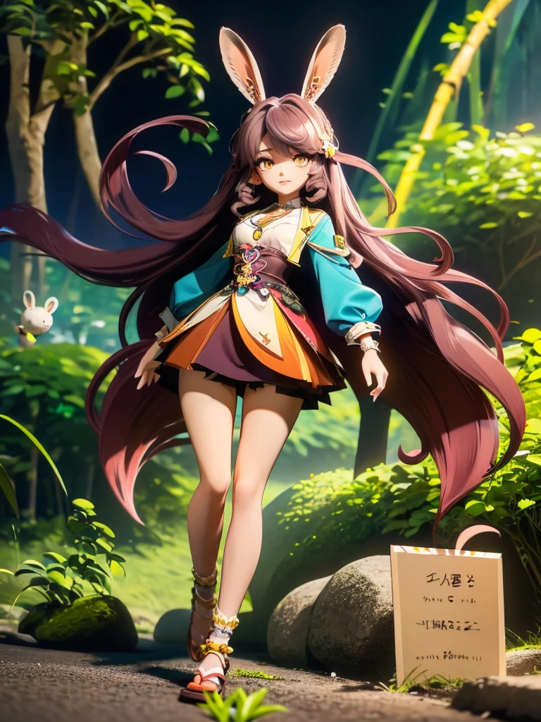 hair divided on half, Seizo Watase style, Simple Line Initialism，Abstract art, 3d character, colorful hearts ,(((The most beautiful girl of all time))),  (full body 1.2), only girl, very long hair, jungle background, 17 year old, full body, (((8k))), (((3d)), dark brow hair, mane of white rabbit ears