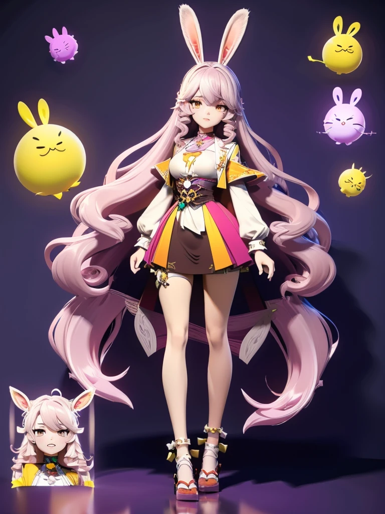 hair divided on half, Seizo Watase style, Simple Line Initialism，Abstract art, 3d character, colorful hearts ,(((The most beautiful girl of all time))),  (full body 1.2), only girl, very long hair, jungle background, , full body, (((8k))), (((3d)), dark brow hair, mane of white rabbit ears