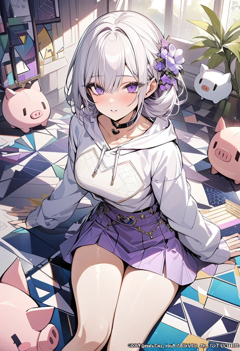 ,Beautiful flowers々),Moles under the eyes, heart choker, (masterpiece, best quality), Official Art, beautiful and aesthetic: 1.2), (1 girl), Very detailed, (Geometric Art: 1.3), rich and colorful、Purple Eyes,White Bob Hairstyle、Pig Hoodie、mini skirt